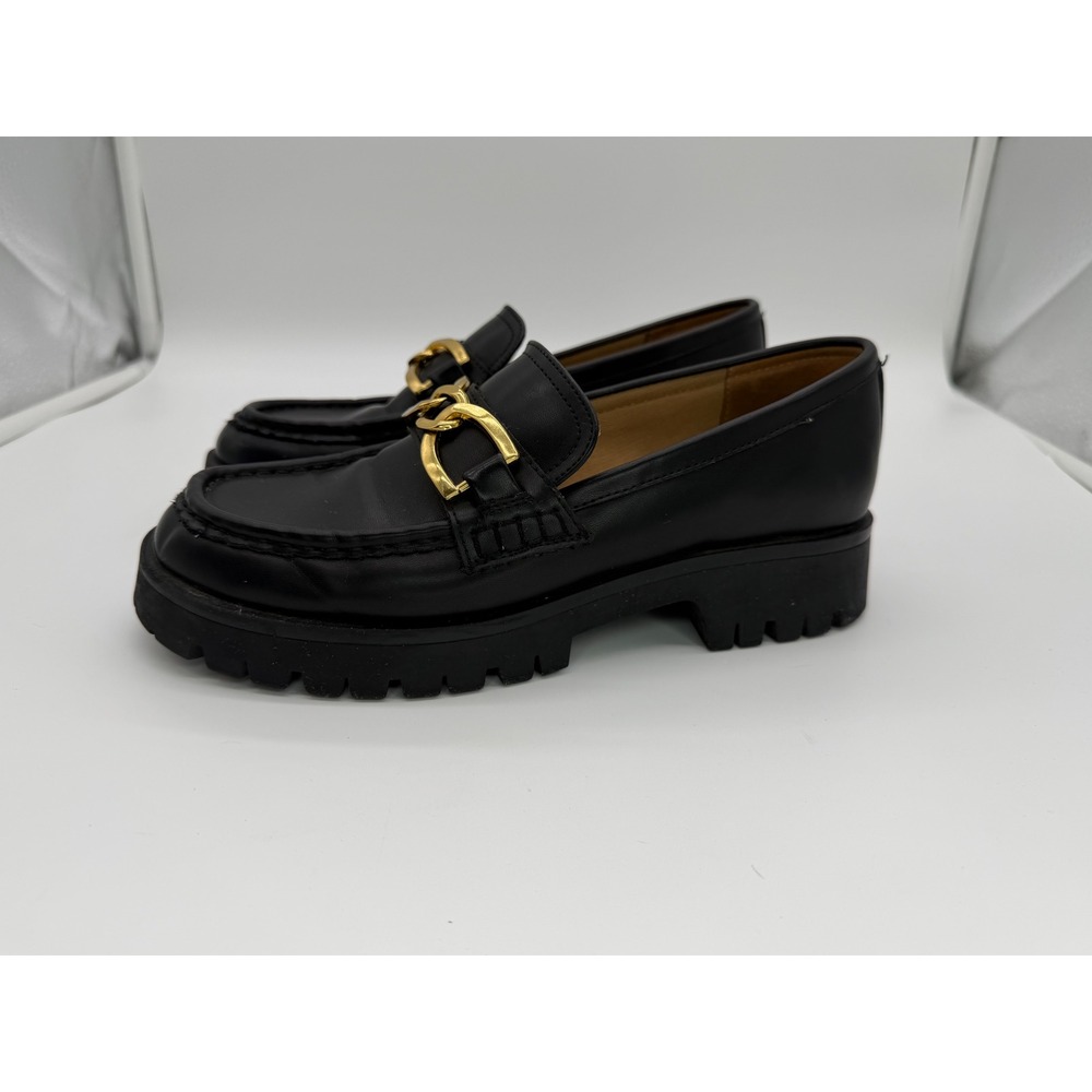 Nine‎ West Womens Black Lug Sole Loafers Gold Chain Link Chunky Platform 7.5M